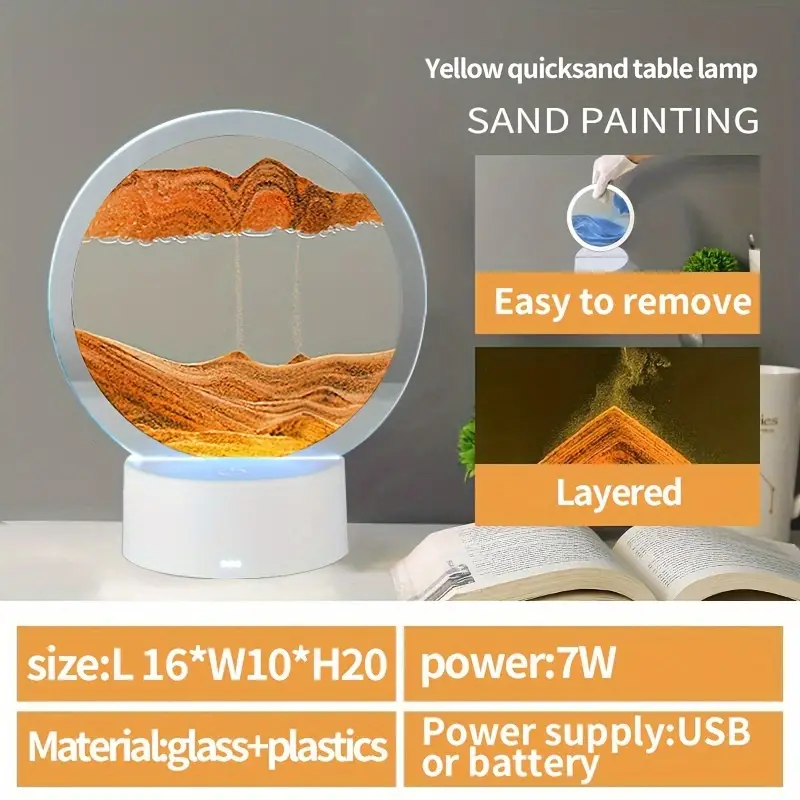 1pc bewegende Sandkunsttisch -Lampe USB LED Craft Quicksand 3D Natural Landschaft fließender Sand Dimmable Montglas Night Light Details 11